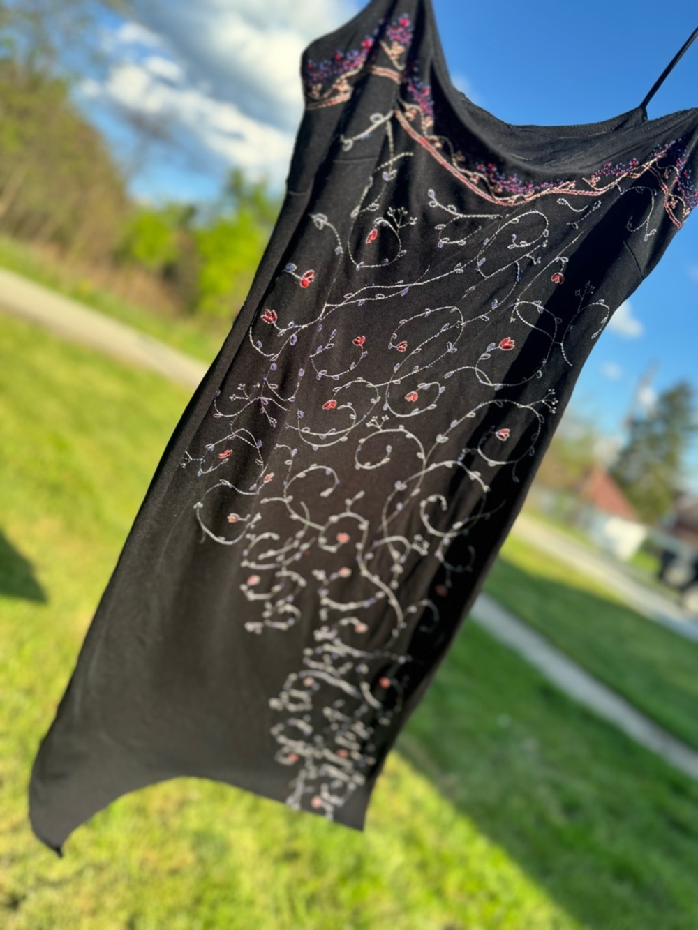 Vintage BCBG Black Embellished Slip Dress w/ Delicate Embroidered Floral Design